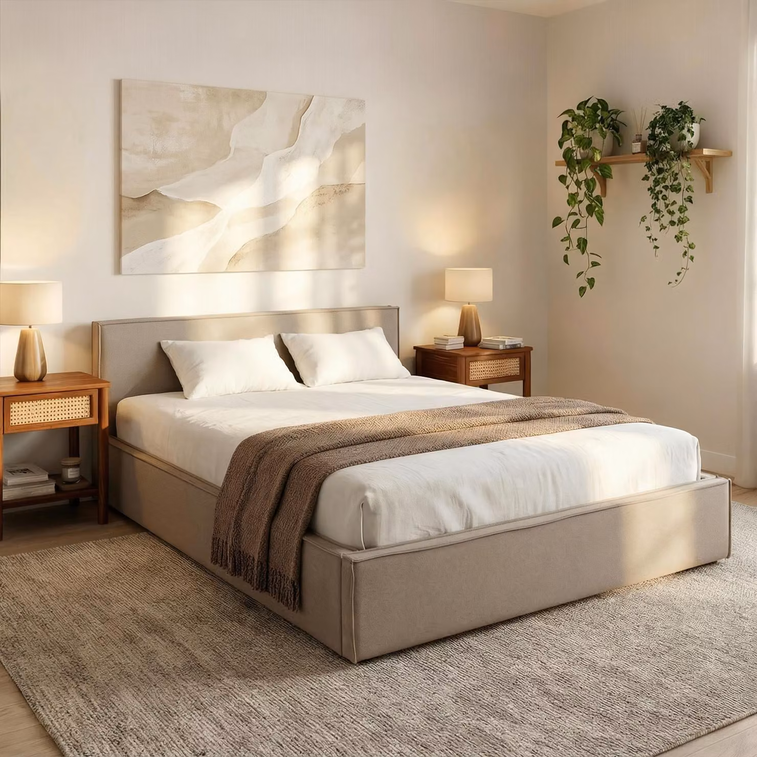 Letto imbottito PESARO 160x200 cm, greige – letto matrimoniale moderno con rete a doghe, rivestimento in tessuto 100% poliestere effetto lino, con testiera per camera da letto