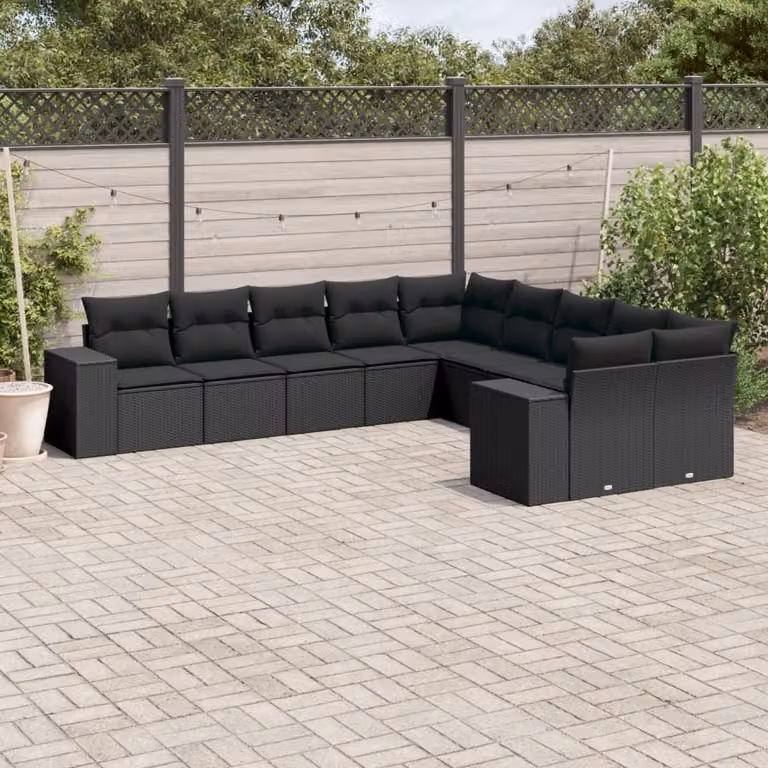 Set di divani da giardino vidaXL in polyrattan nero con 10 pezzi e cuscini imbottiti