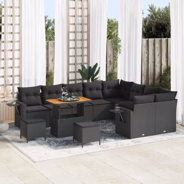 Set Divano da Giardino vidaXL a Forma a U con 12 Pezzi, Colore Nero, in Polyrattan e Acciaio con Cuscini Inclusi – 1