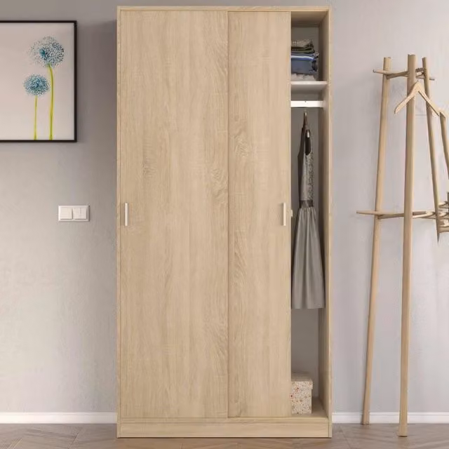 Armadio per camera da letto DMORA con 2 ante scorrevoli, ripiani interni e barra appendiabiti, Rovere, L: 100 cm, P: 50 cm, H: 200 cm – 1
