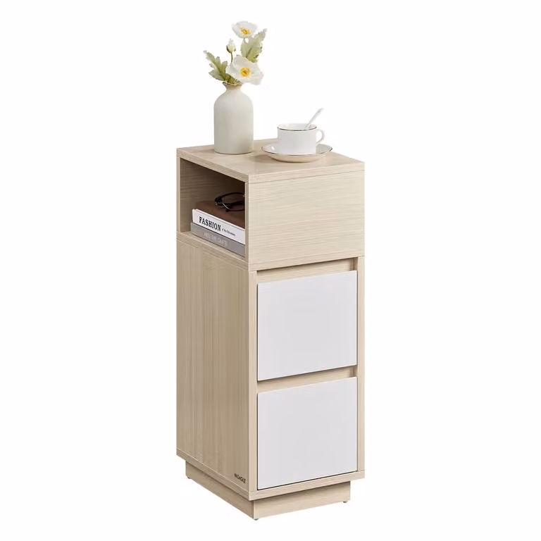 Comodino Stretto con Cassetti e Scomparto Aperto Montato verso Sinistra o Destra, Beige Naturale + Bianco Nuvola / 1