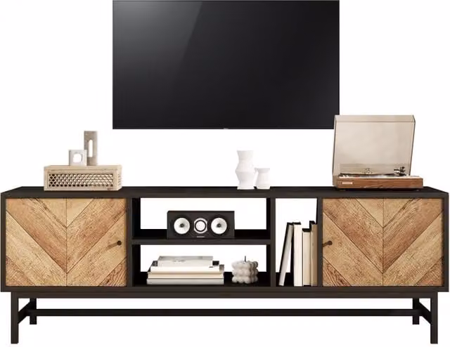 Mobile TV con 2 Ante e 3 Vani; Stile Moderno Minimalista; Soggiorno; 150×38×55 cm; in Truciolare e Ferro; Nero e Naturale