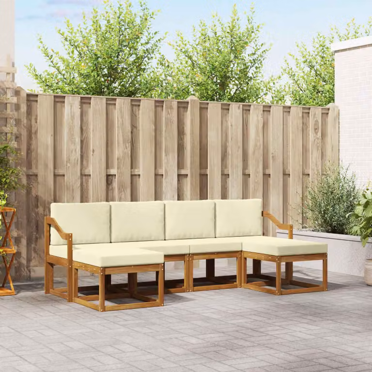 Set di divani da esterno vidaXL a forma di L composto da 6 pezzi in legno di acacia con cuscini inclusi, colori beige, bianco e marrone