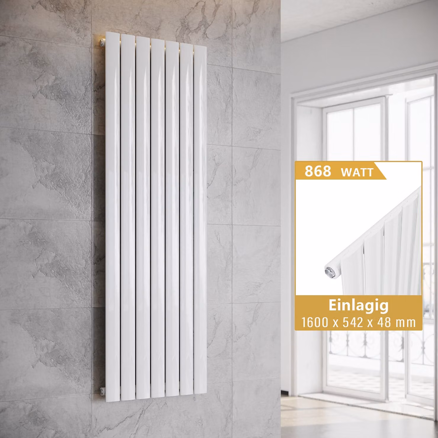 SONNI: Radiatore a pannello, design verticale, a singolo strato, bianco, dimensioni 1600x542 mm, senza resistenza riscaldante