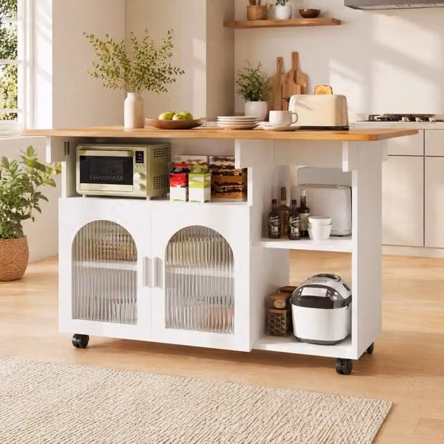 Isola cucina multifunzione con ripiani e piano ribaltabile in MDF bianco, 120x30x79,5 cm