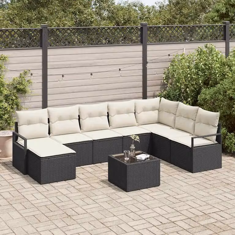 Set di divani da giardino vidaXL in polyrattan nero e beige con cuscini e tavolino da esterno 9 pz