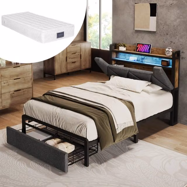 Letto singolo 90x200 cm con LED; 3 USB; Type-C; testiera contenitore e cassetto; grigio