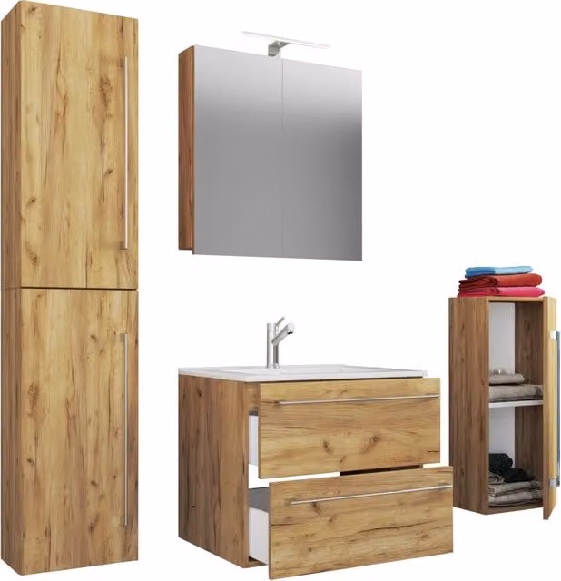 Set completo bagno Ezooza 5 pezzi moderno in rovere con lavabo in ceramica, mobile sospeso con 2 cassetti, colonna, mobile specchio con illuminazione LED e mobile laterale, marrone