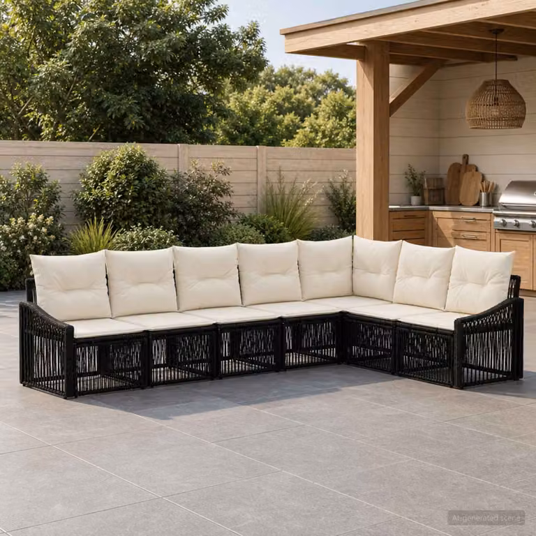 Set Divano da Giardino L-Shape vidaXL in Polyrattan Nero con Cuscini e Struttura in Acciaio