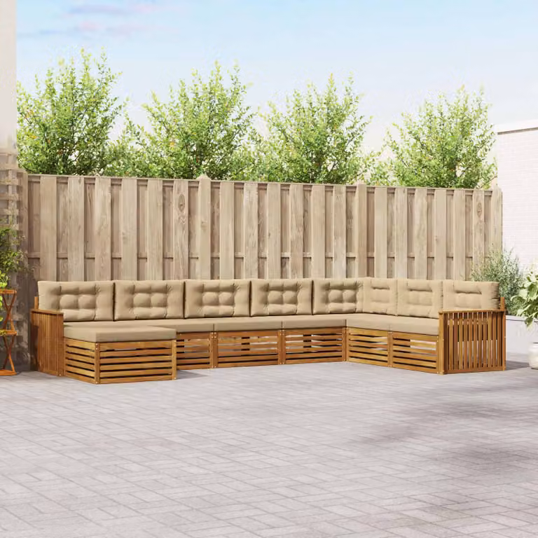 Set di divani da esterno vidaXL in legno di acacia con cuscini, 8 pezzi, Beige e Marrone