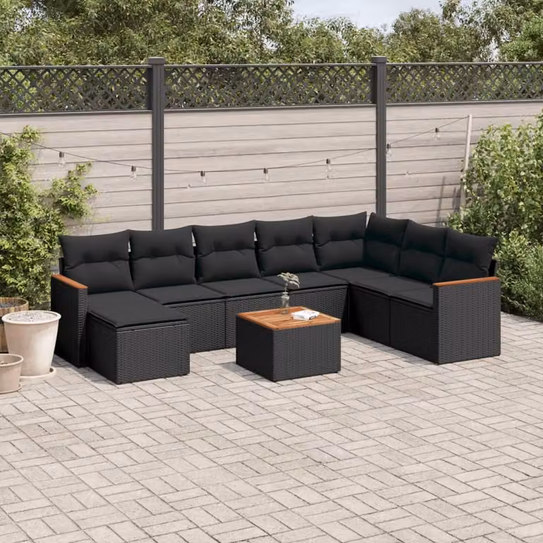 vidaXL Set Divani da Giardino 9 pz in Polyrattan Nero con Cuscini e Tavolino da Caffè