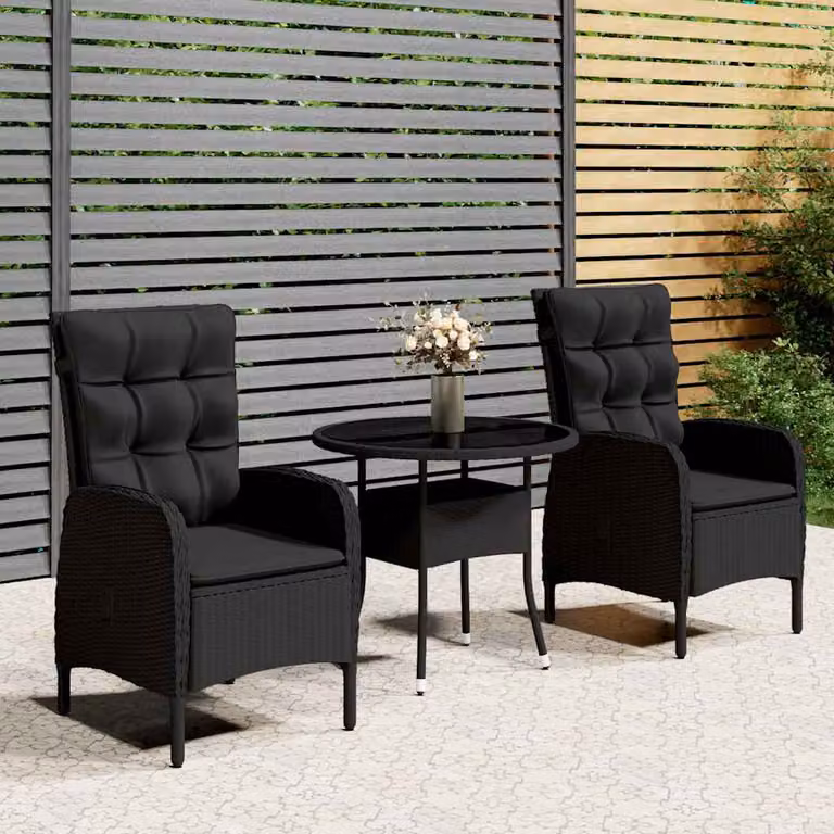 vidaXL Set da Bistrot per Giardino 3 pz in Polyrattan Nero con Piano in Vetro