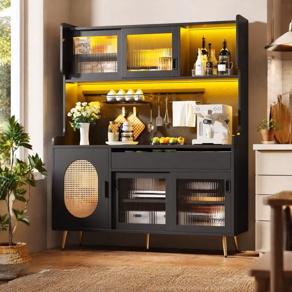 Credenza da cucina moderna Mivray nera con illuminazione LED integrata e pannello forato in MDF L/P/H: 145 x 39 x 171 cm – 2