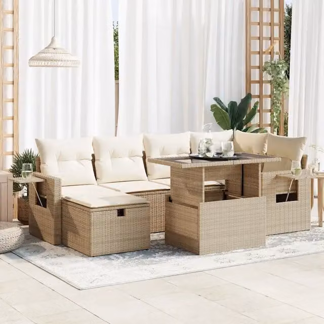 Set Divani da Giardino 7 pz con Cuscini Beige in Polyrattan 3327858