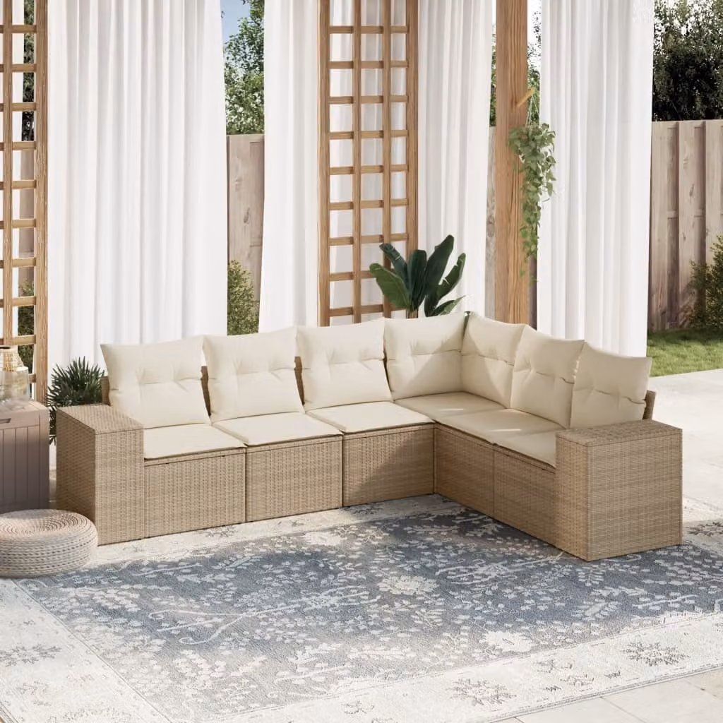 vidaXL Set Divano da Giardino a L 6 pz in Polyrattan con Cuscini Beige e Rivestimenti Rimovibili – 1