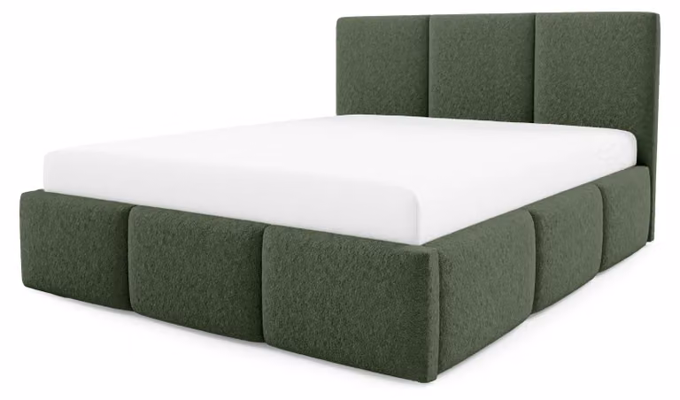Letto imbottito con contenitore integrato, modello Melora, colore verde bosco, dimensioni 180 x 200 cm