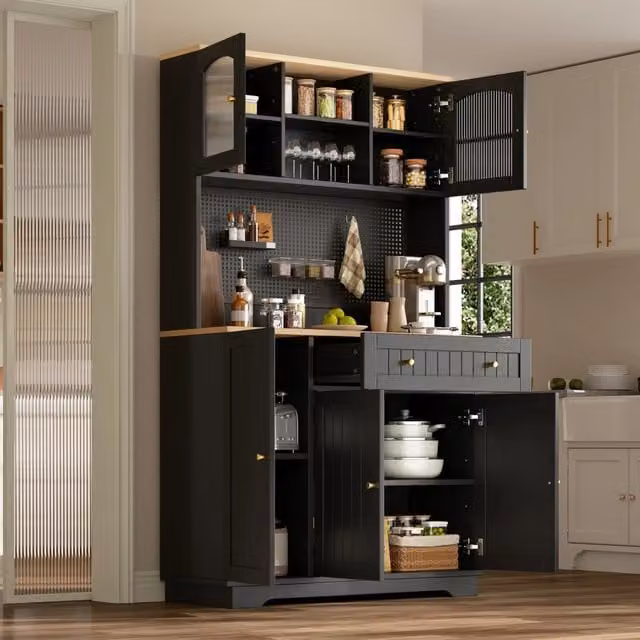 Credenza alta con vetrina e ripiani regolabili, per cucina e soggiorno, in truciolare, nero, 103,5 × 40 × 180 cm