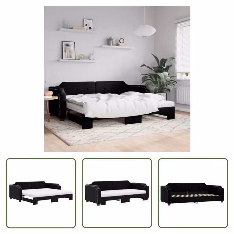 The Living Store Lettino allungabile con materassi nero 80x200 cm in tessuto