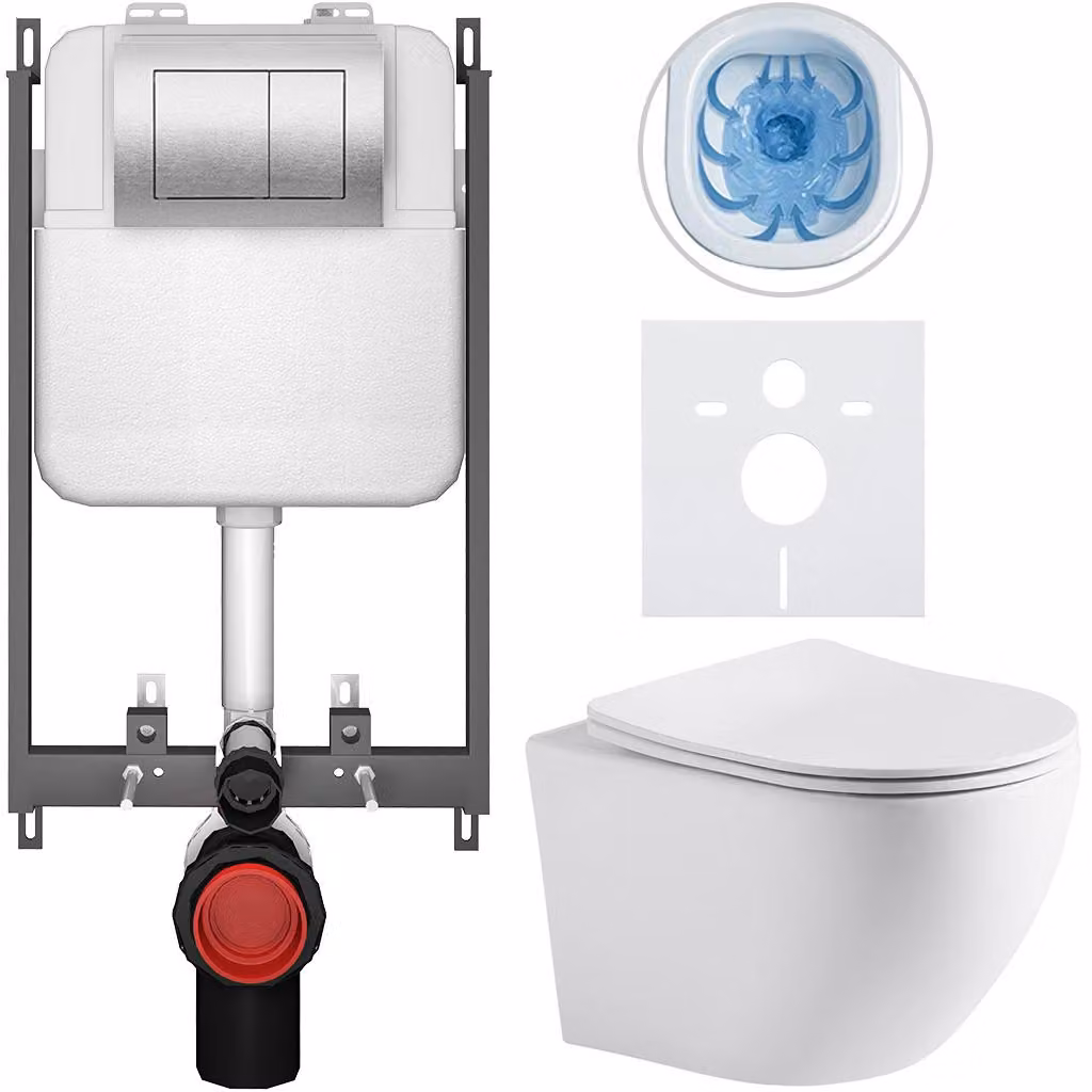 Set completo per WC a pavimento "Cesso", colore bianco opaco, pulsante Prime/Maxio argentato, da incasso, dimensioni 49x36 cm
