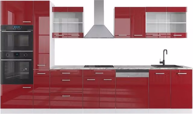 Cucina moderna Vicco R-Line con armadio alto e piano in marmo, Rosso lucido e Bianco, L: 350 cm