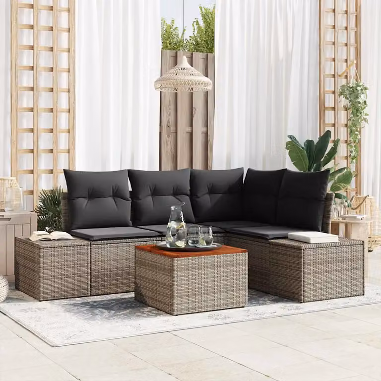 Set Divano da Giardino a L vidaXL in Polyrattan Grigio con Cuscini e Tavolino da Esterno