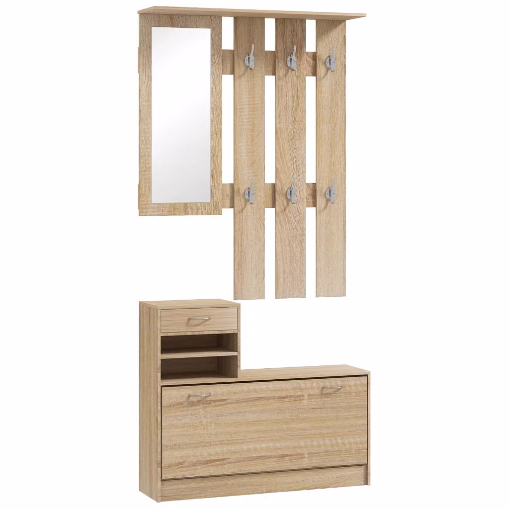Mobile ingresso Minimal con appendiabiti, specchio e scarpiera effetto legno naturale marrone L: 90 cm, P: 10 cm, H: 91 cm – 2