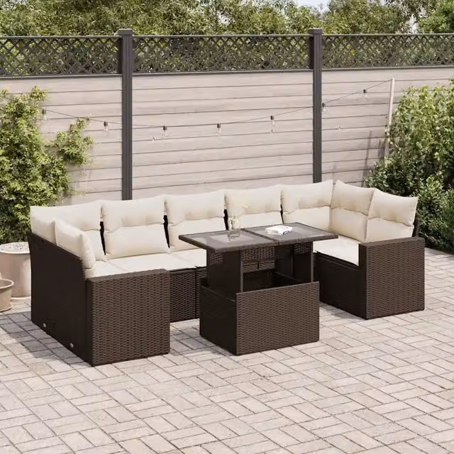 Set Divani da Giardino 8 pz con Cuscini Marrone in Polyrattan 3326284