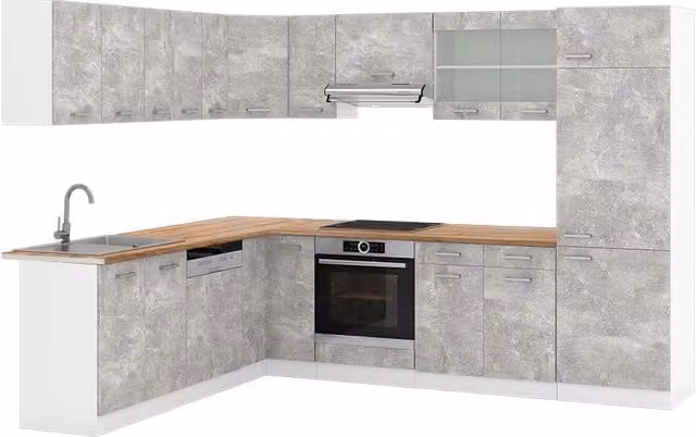 Cucina angolare moderna Vicco R-Line in finitura Calcestruzzo e Bianco con dettagli Rovere, L: 287 cm, P: 227 cm