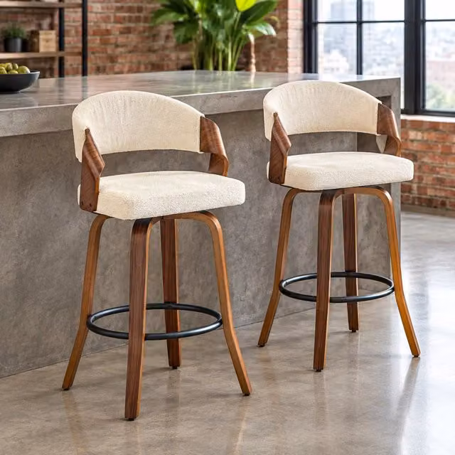 Set di 2 sgabelli da bar con schienale, struttura in legno e rivestimento in lino, altezza 95 cm