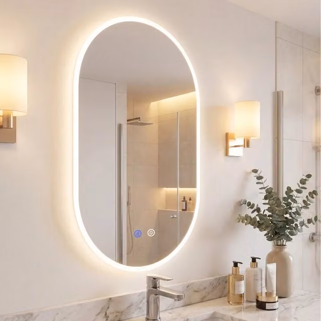Specchio da parete per bagno DESIGN IN con luce LED dimmerabile e funzione anti-appannamento, Argento, L: 90 cm, H: 55 cm