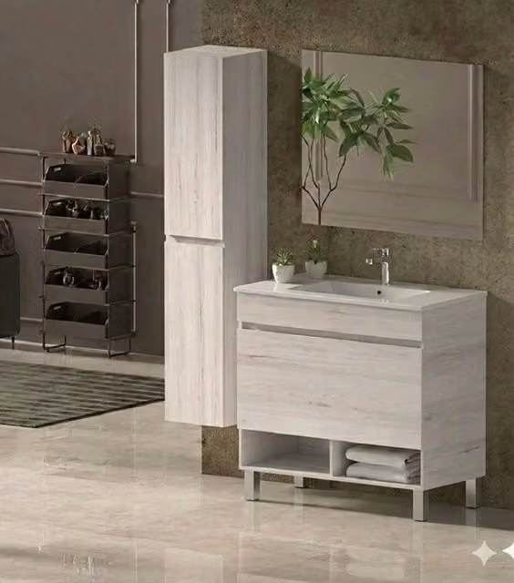 Mobile Bagno NEBARI com gambe Già Montato 1 cassetto, lavabo e specchio Bianco nordico 60x45 cm con colonna