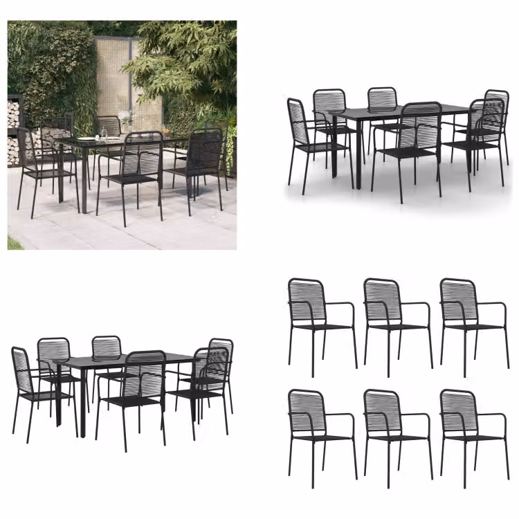 vidaXL set da pranzo da giardino 7 pezzi in acciaio e corda di cotone nera - set da pranzo da giardino - set da pranzo da giardino - set di mobili da giardino