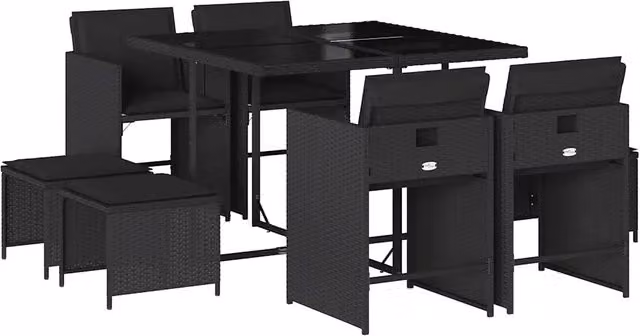 Set da Pranzo da Giardino 9 pz | Set Salotto da Giardino con Cuscini Nero in Polyrattan