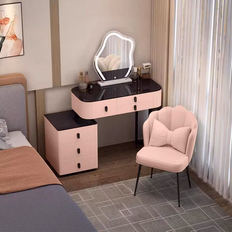 Comò da trucco con specchio a LED e poltrona in velluto, 6 cassetti, vetro rosa, 100 cm