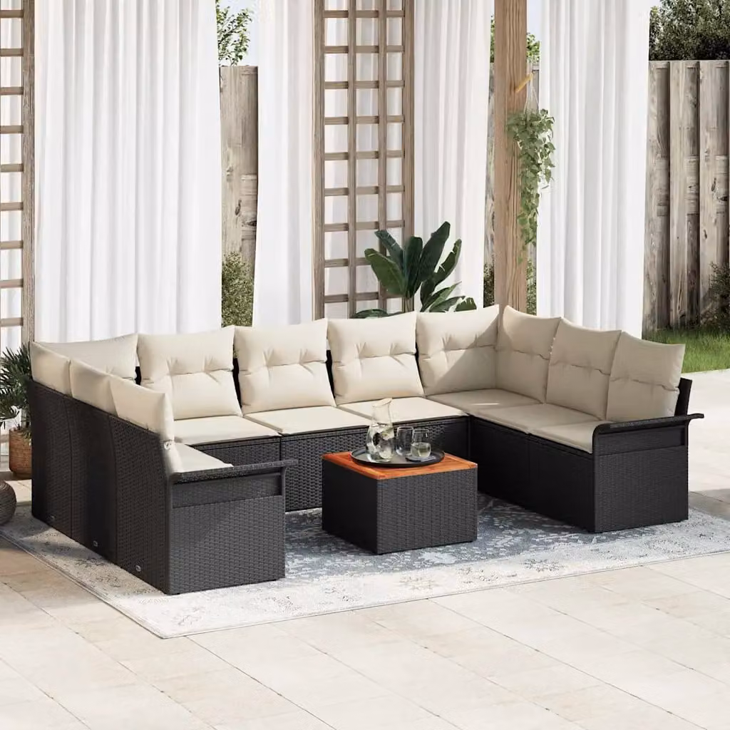 Set Divano da Giardino vidaXL 10 Pezzi con Cuscini Nero e Beige con Tavolino e Struttura in Metallo – 1