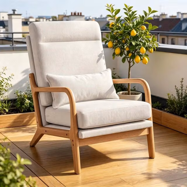 Poltrona da salone, poltrona in lino con ampia seduta, supporto lombare, schienale alto, color crema