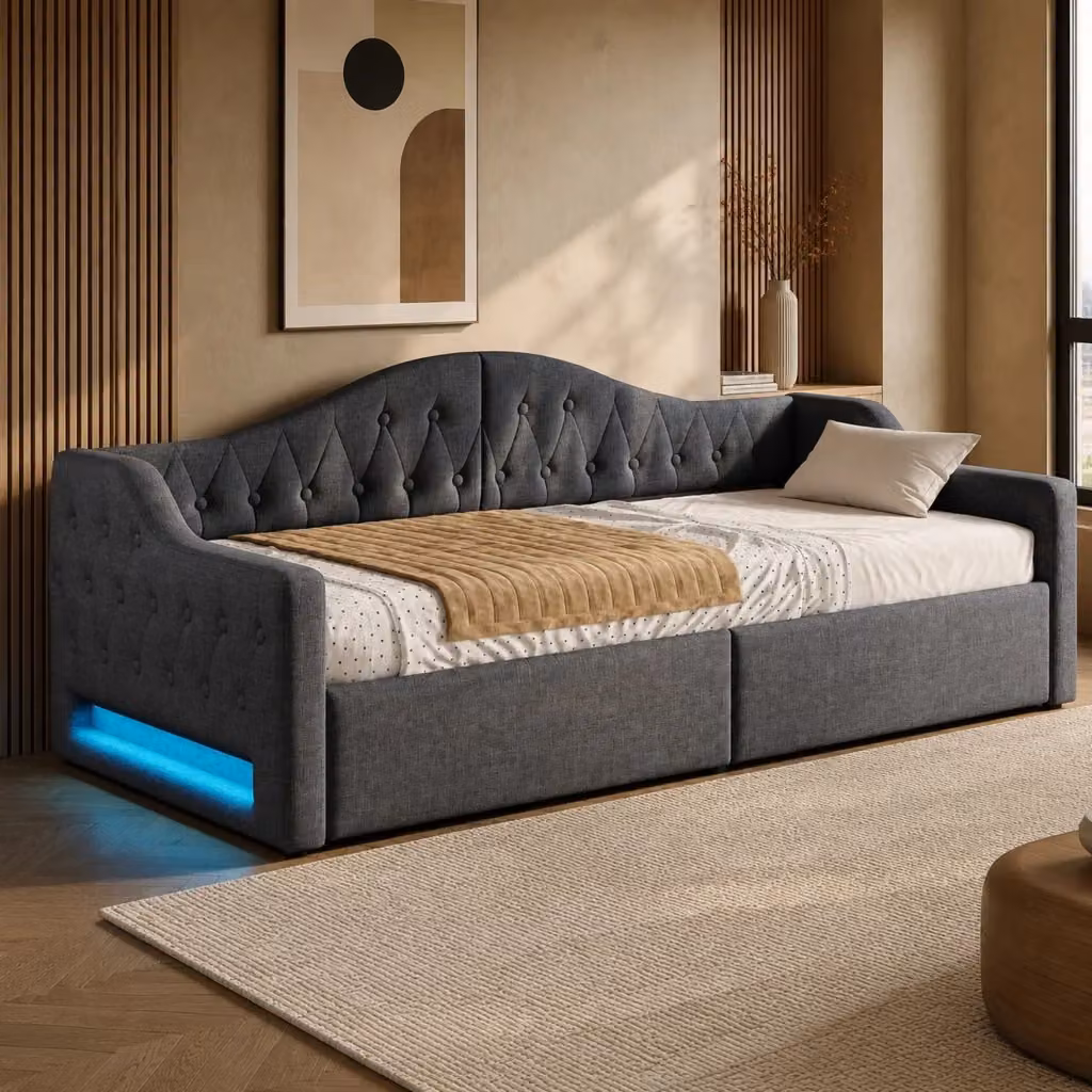 Letto contenitore moderno in lino grigio con illuminazione LED laterale e struttura in MDF, L/P: 90 x 200 cm