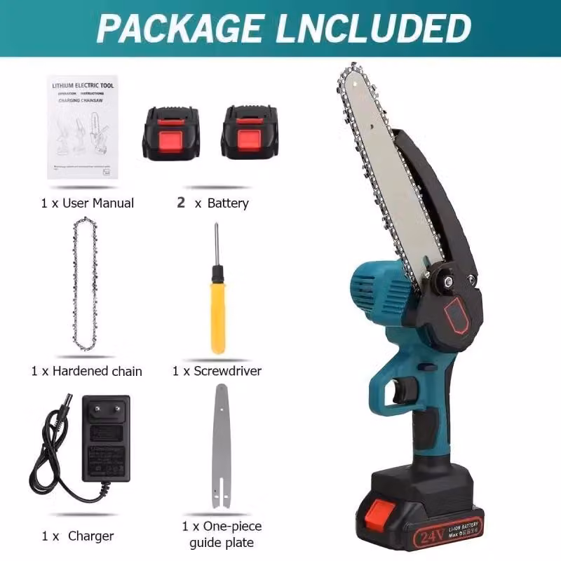 Mini motosega a batteria, lama da 20 cm, senza fili, da utilizzare a mano, con 2 batterie incluse, ideale per potare alberi e tagliare legna da ardere
