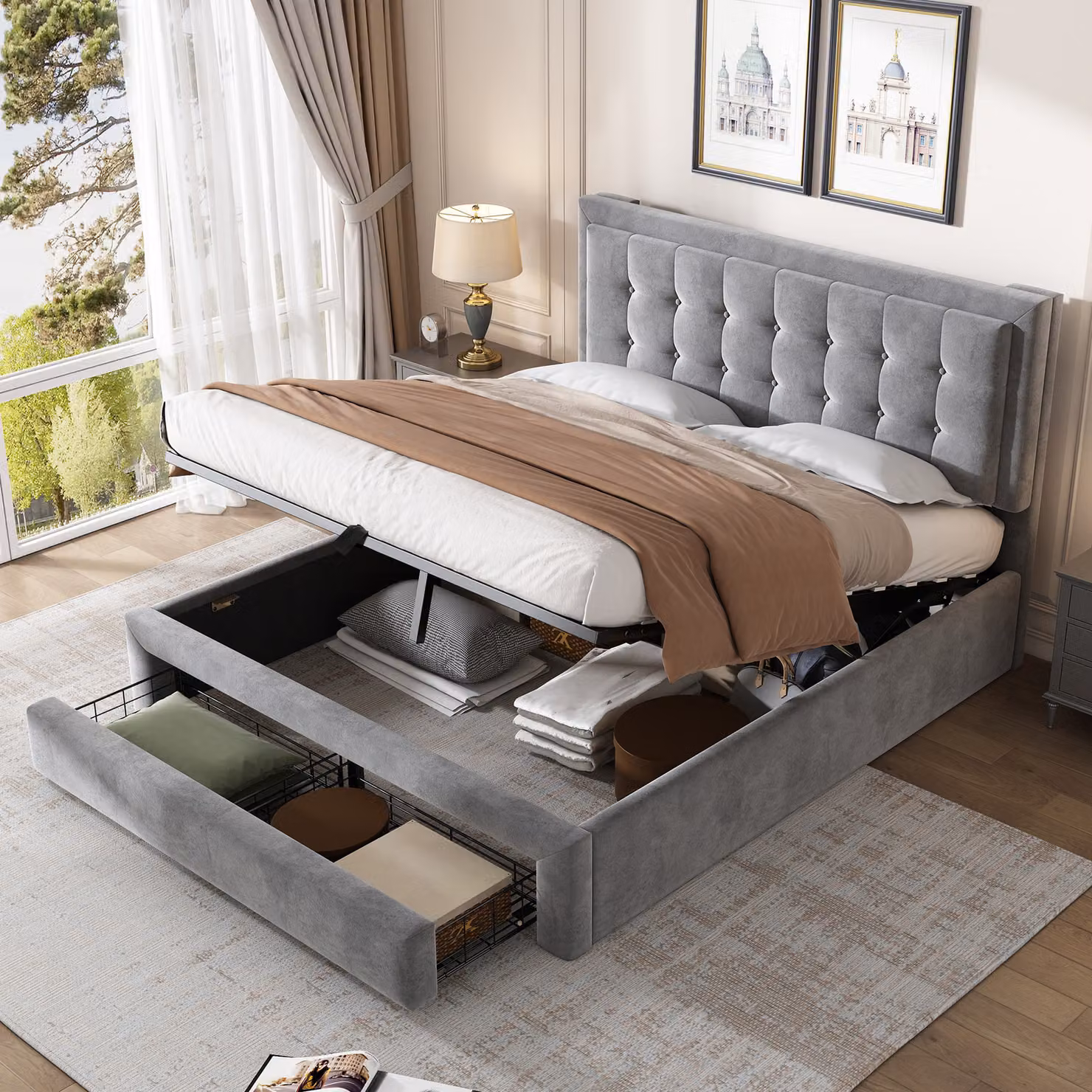 okwish Letto imbottito 140×190 cm, letto matrimoniale idraulico con cassetti e vano contenitore, senza materasso - grigio