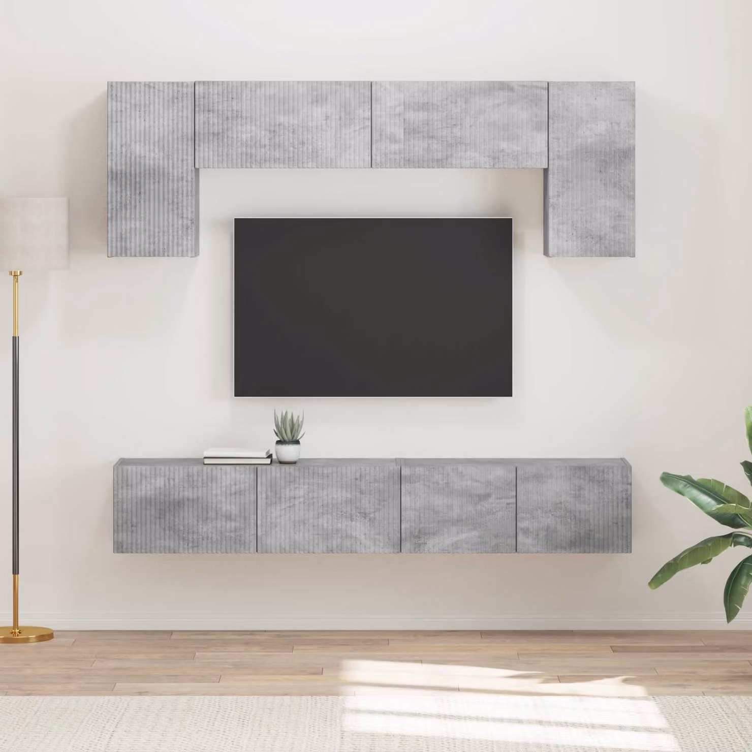 Set mobile TV moderno vidaXL da 4 pezzi in legno e MDF, colore grigio cemento opaco – 1