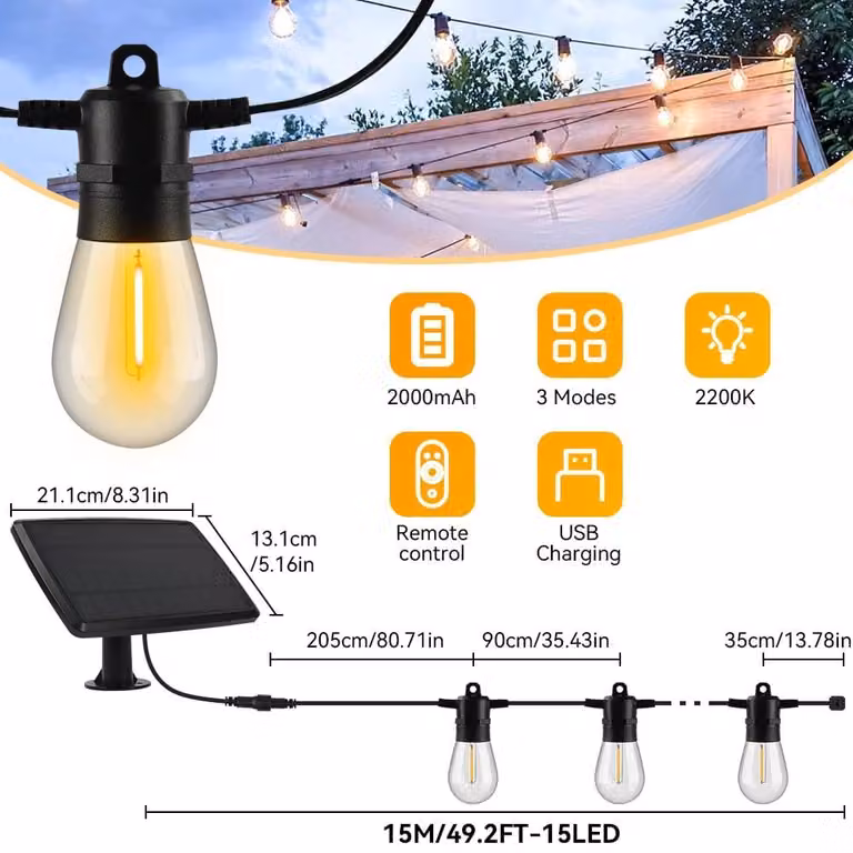 Catena luminosa solare - S14 - Catena di luci LED - 15 metri - Luce bianco caldo - Alimentazione a energia solare - Dimmerabile - Grado di protezione IP65 (resistente all'acqua) - Attacco E12