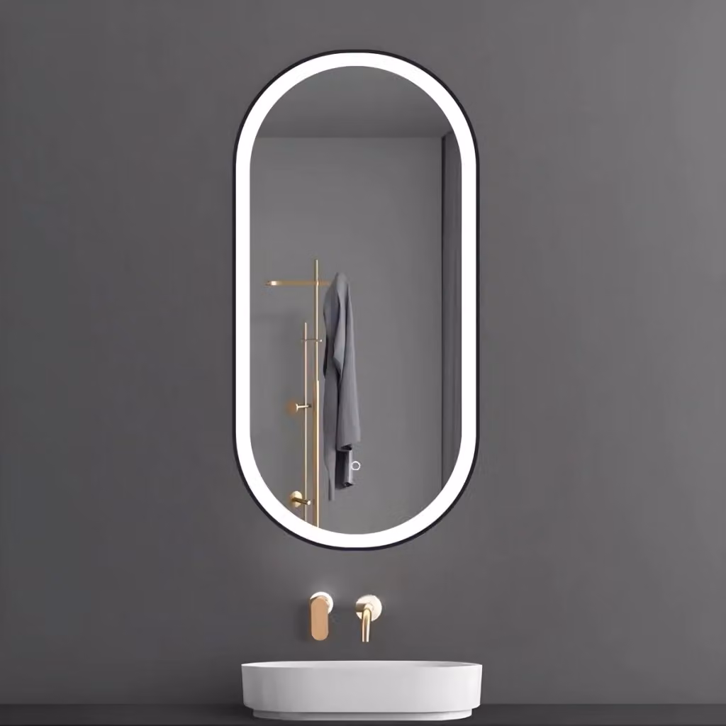Specchio ovale OGOMONDO con cornice nera e retroilluminazione LED dimmerabile, comando touch, H: 90 cm, L: 50 cm – 2