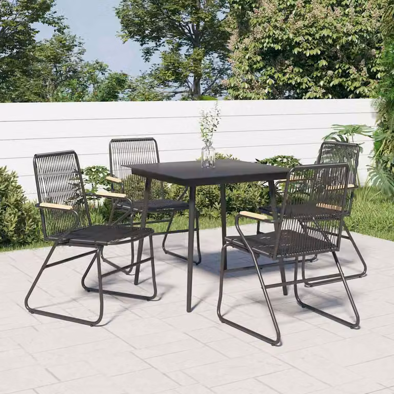 Set da pranzo da giardino moderno vidaXL in polyrattan nero con tavolo in vetro e dettagli in legno e metallo