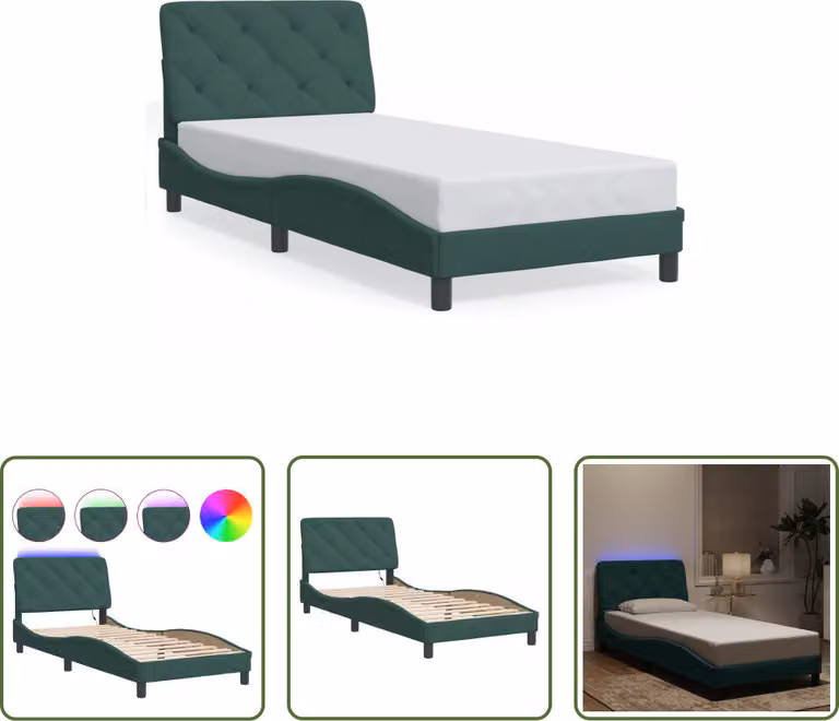The Living Store Struttura letto con luci LED verde scuro 90x200 cm in velluto