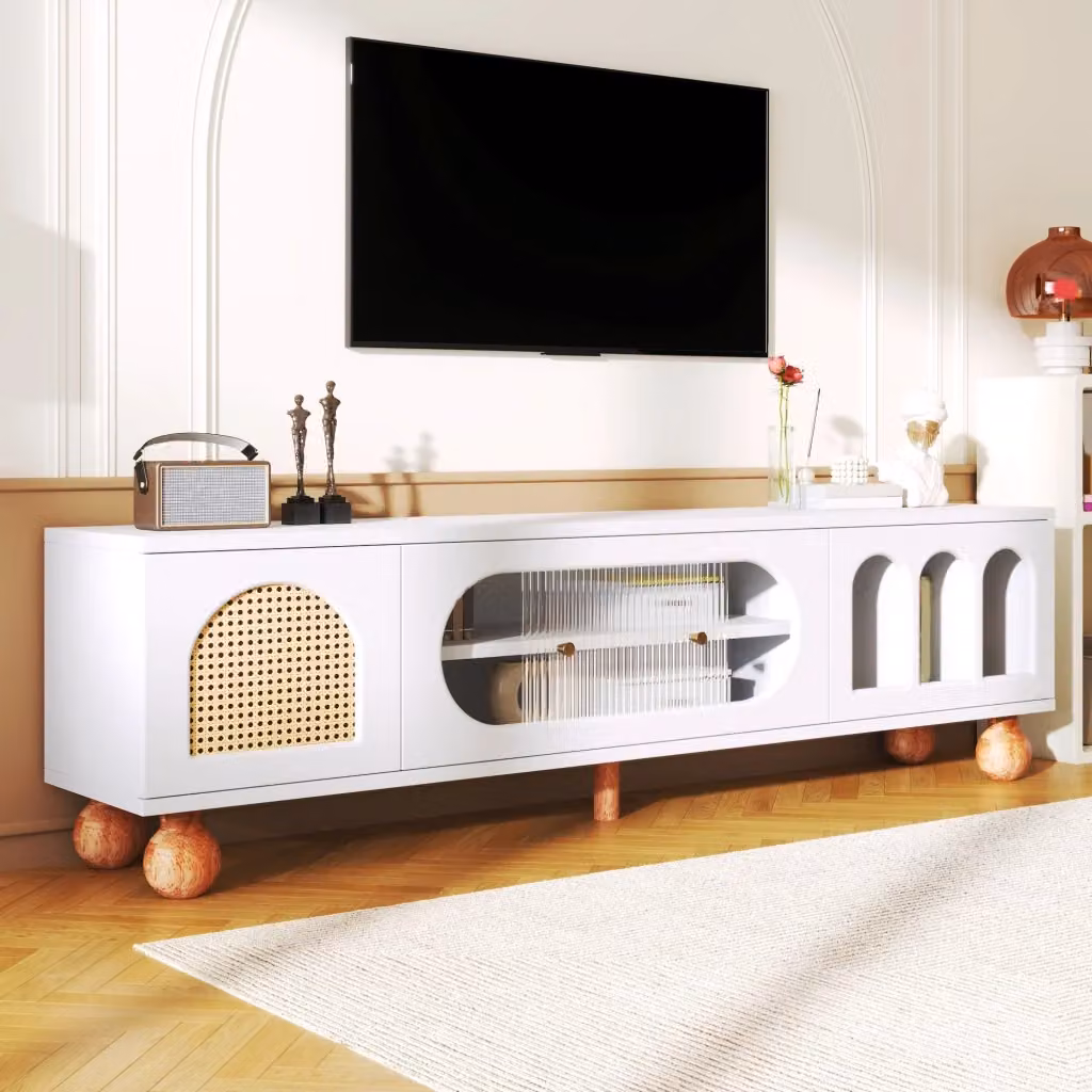 Mobile TV Mivray moderno con ante effetto rattan, vetrine ad arco e anta scorrevole in vetro, bianco e beige, L/P/H: 170 x 47 x 37 cm – 2