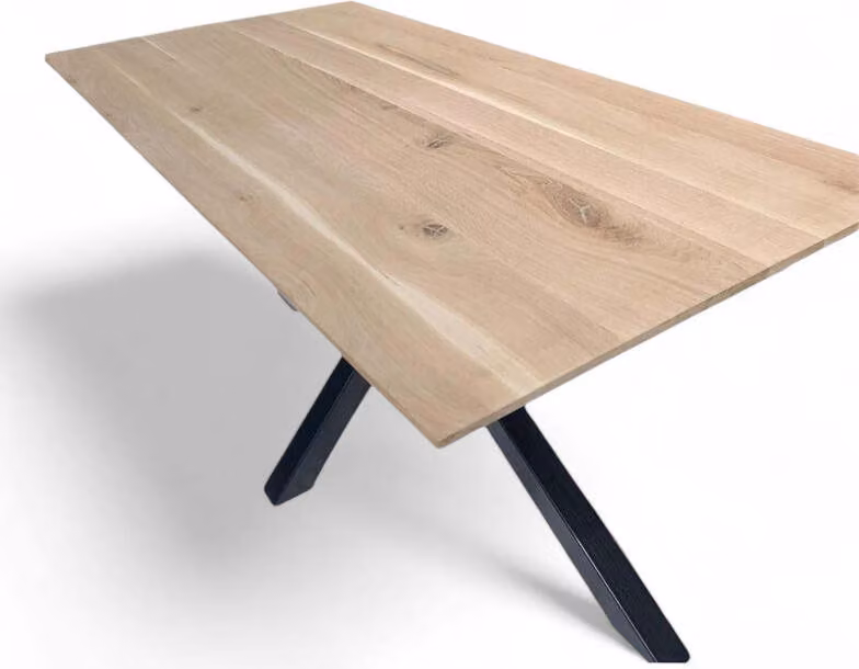 Tavolo in rovere massiccio con bordo svizzero 180x90cm, gambe a ragno tornite in nero