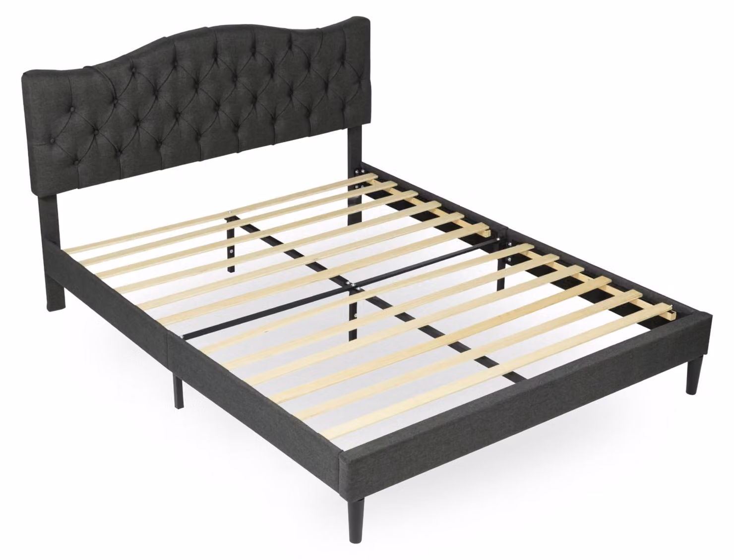 Letto matrimoniale 140x190 cm con rete a listelli, struttura in legno e rivestimento in tessuto, colore grigio