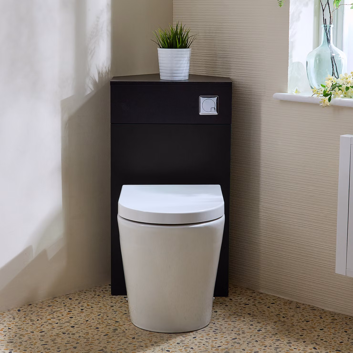Unità WC Angolare per WC in Nero Grigio con Sanitario Alswear - con Pulsante di Scarico Cromato - Cluo
