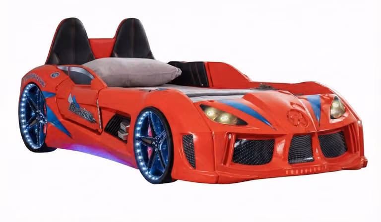 Letto a forma di auto rosso in stile auto da corsa per la cameretta dei bambini, con illuminazione a LED