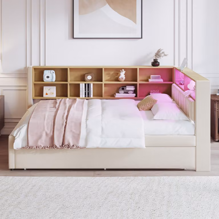 Letto imbottito MODFU, divano letto 140x200 cm e 90x190 cm, letto estraibile con luci a LED, prese elettriche e numerosi vani portaoggetti, flanella, con materasso, beige